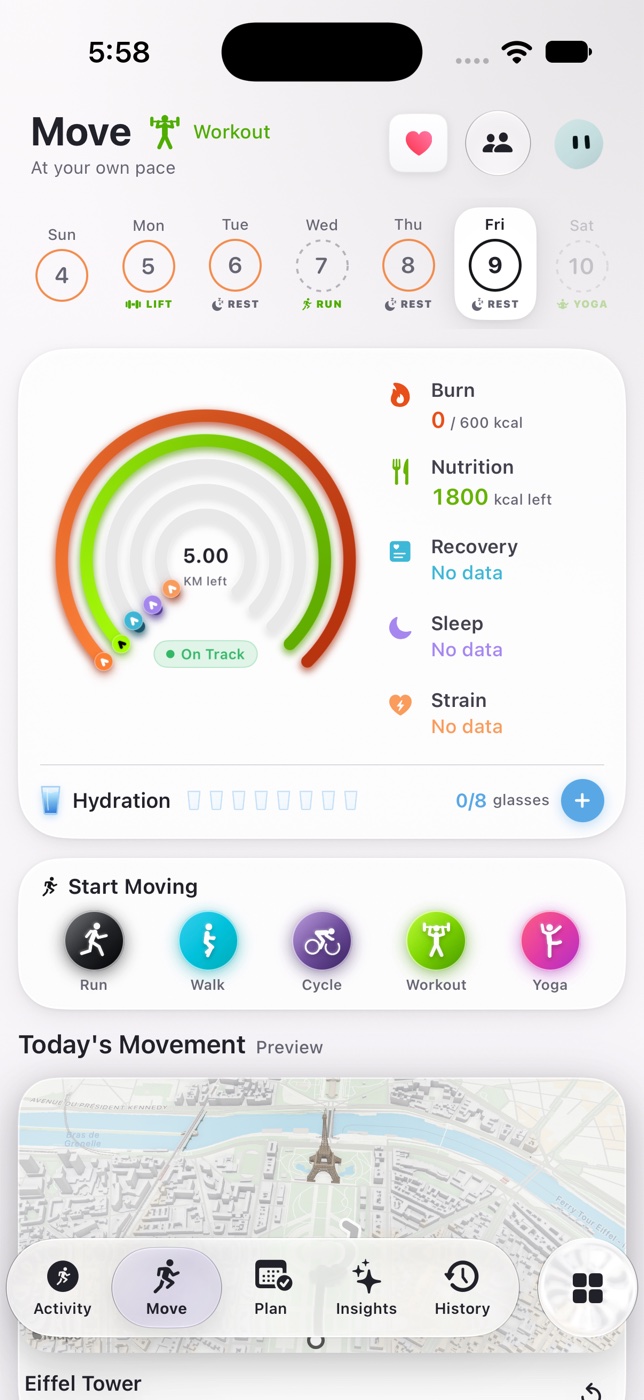 Blume movement dashboard with Run, Walk, Cycle, Workout and Yoga