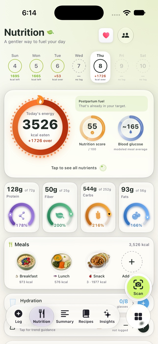 Blume nutrition dashboard with meals, nutrients, and hydration